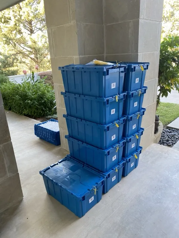 SwiftCrates plastic moving crates stacked and sealed with zip ties